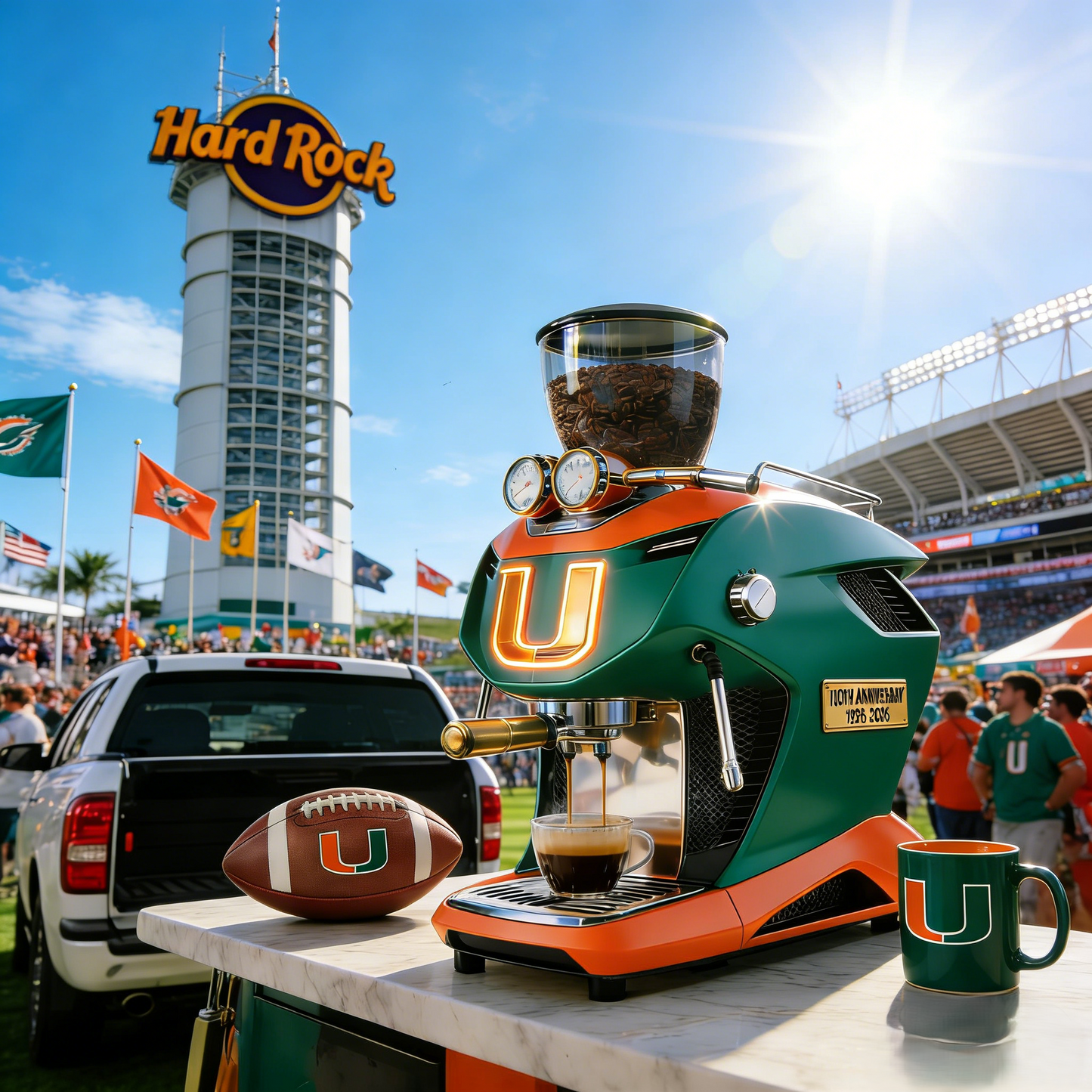 Miami Hurricanes 100th Anniversary Legacy Set: Supercar Espresso Machine, Custom Football & Mug