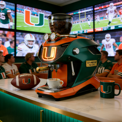 Miami Hurricanes 100th Anniversary Legacy Set: Supercar Espresso Machine, Custom Football & Mug