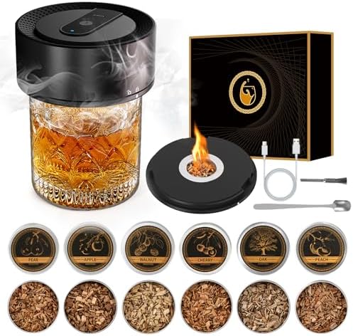 Electric Whiskey Smoker Kit with 6 Flavors Wood Chips. Rechargeable Cocktail Smoker Kit. No Butane Required (Built-in Lighter). Old Fashioned Drink Smoker Kit. Birthday Gifts for Men. Dad. Husband