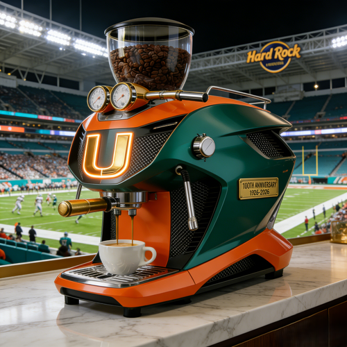 Miami Hurricanes 100th Anniversary Legacy Set: Supercar Espresso Machine, Custom Football & Mug