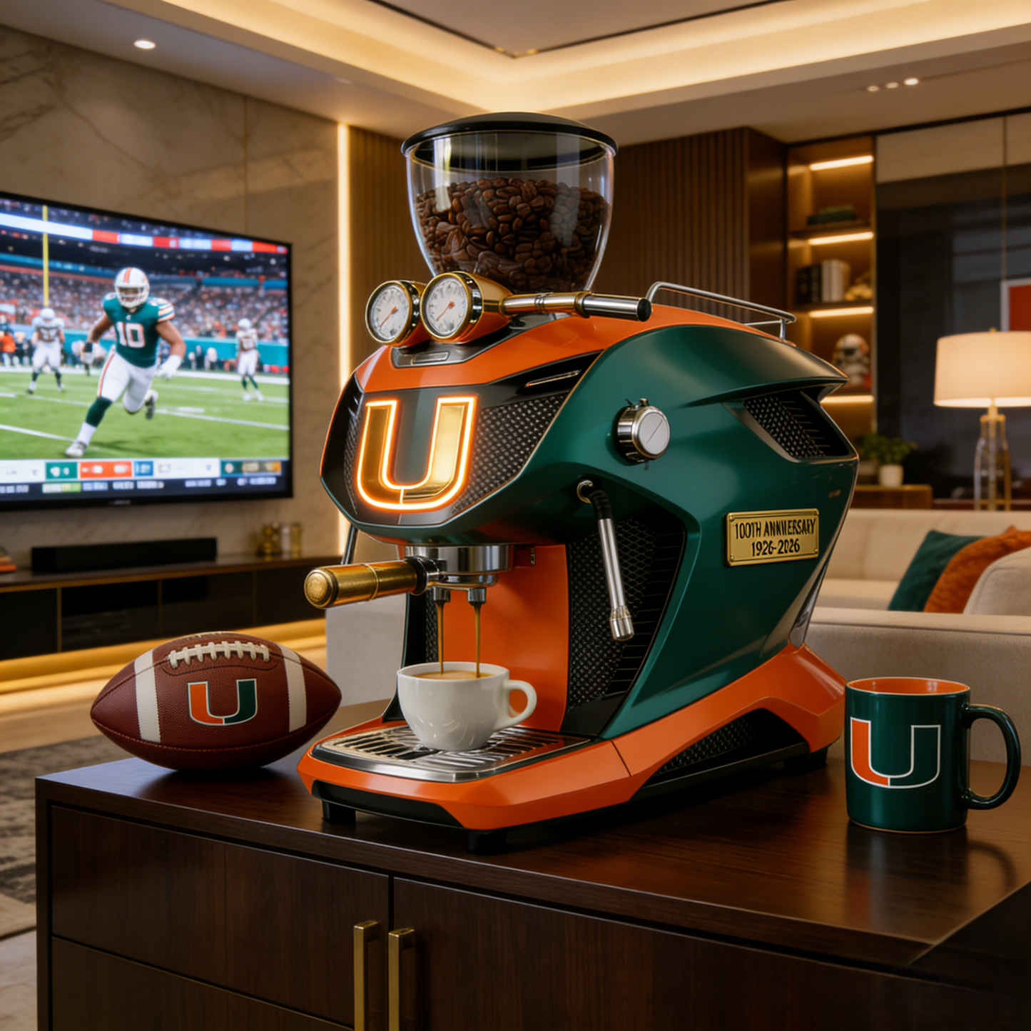 Miami Hurricanes 100th Anniversary Legacy Set: Supercar Espresso Machine, Custom Football & Mug