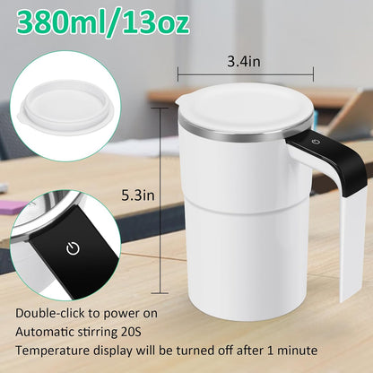 Self Stirring WHITE Mug. Auto Magnetic Coffee Mug with LED Display Temperature. Rechargeable Automatic Stirring Cup. 12oz Self Mixing Cup with Lid To Stir Coffee Mixed Milk at Desk Use