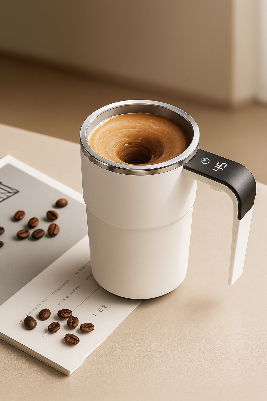 Self Stirring WHITE Mug. Auto Magnetic Coffee Mug with LED Display Temperature. Rechargeable Automatic Stirring Cup. 12oz Self Mixing Cup with Lid To Stir Coffee Mixed Milk at Desk Use