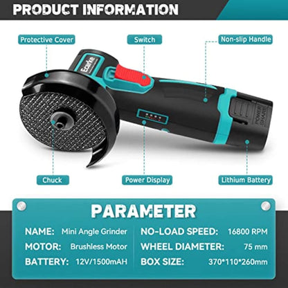 12V Cordless Brushless Mini Angle Grinder Kit (500W)