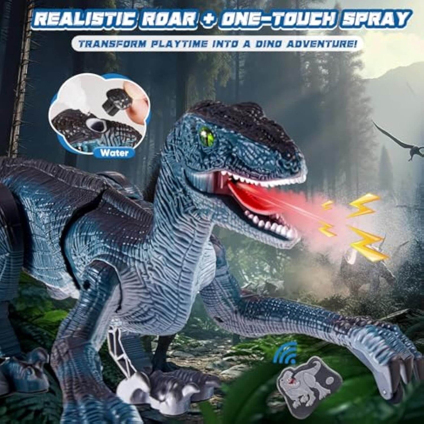 Interactive RC Walking Velociraptor with Mist Spray, Roar & LED Lights