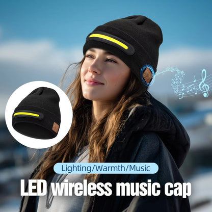 Warm Beanie Hat with Integrated LED Front Light and Bluetooth Music Earphones
