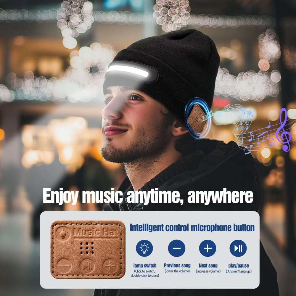 Warm Beanie Hat with Integrated LED Front Light and Bluetooth Music Earphones