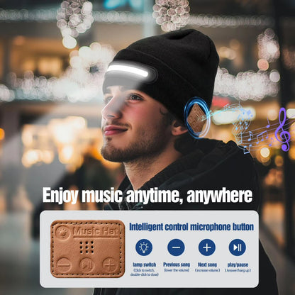 Warm Beanie Hat with Integrated LED Front Light and Bluetooth Music Earphones