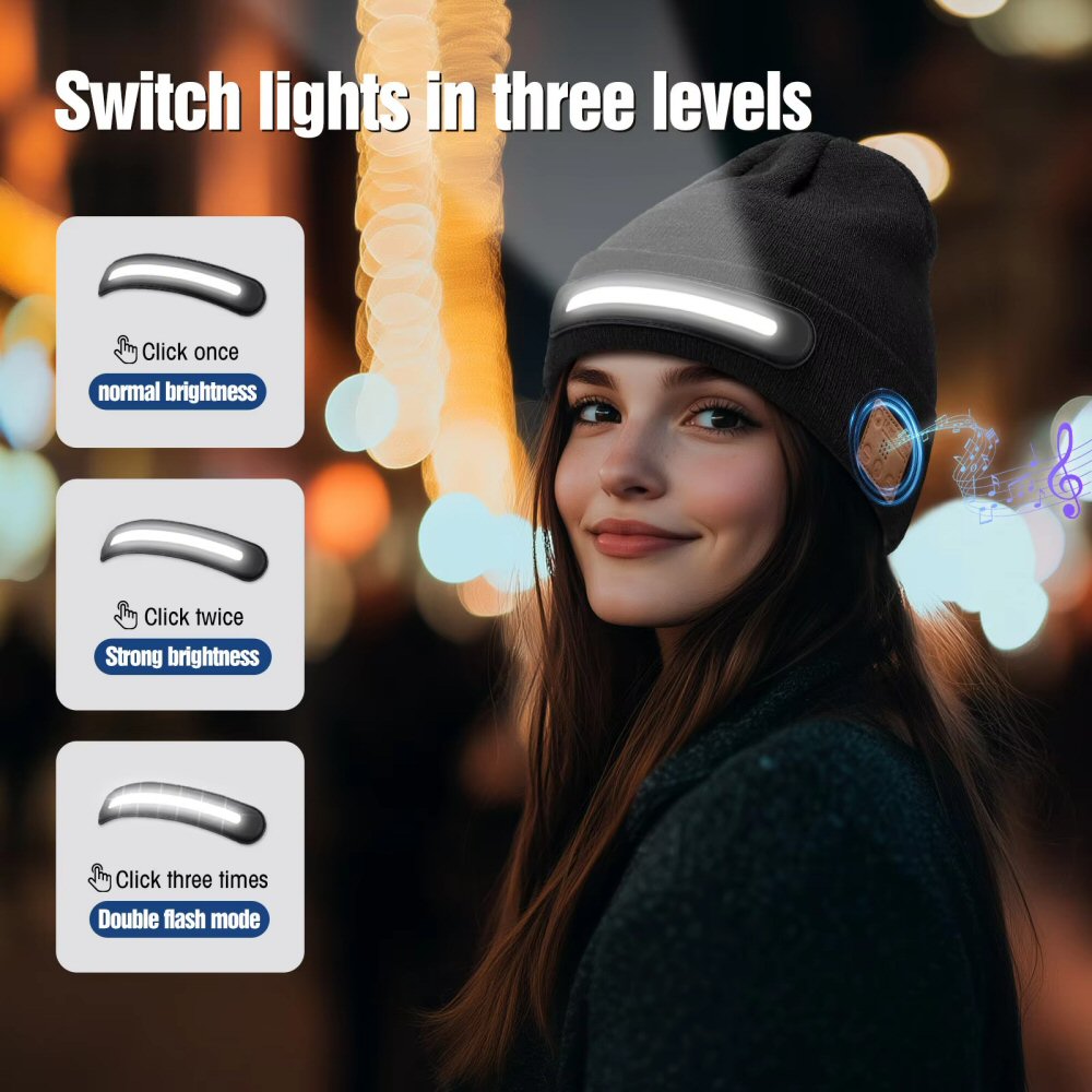Warm Beanie Hat with Integrated LED Front Light and Bluetooth Music Earphones