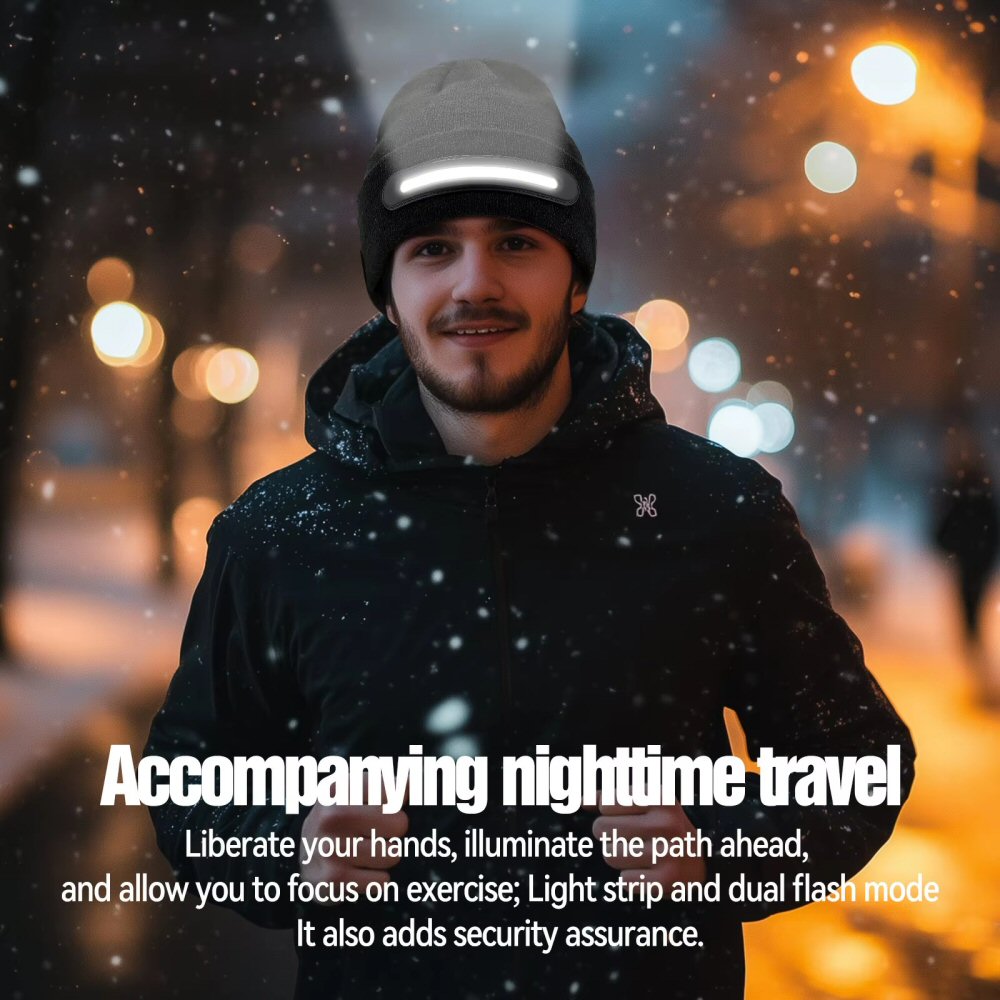 Warm Beanie Hat with Integrated LED Front Light and Bluetooth Music Earphones